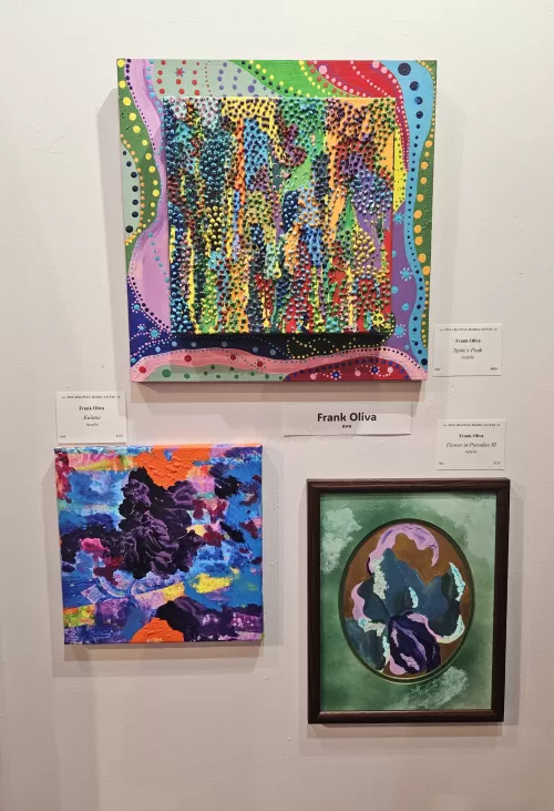 Three Art images on display at the Holiday Fair, Arts at Marks Garage in august 2024